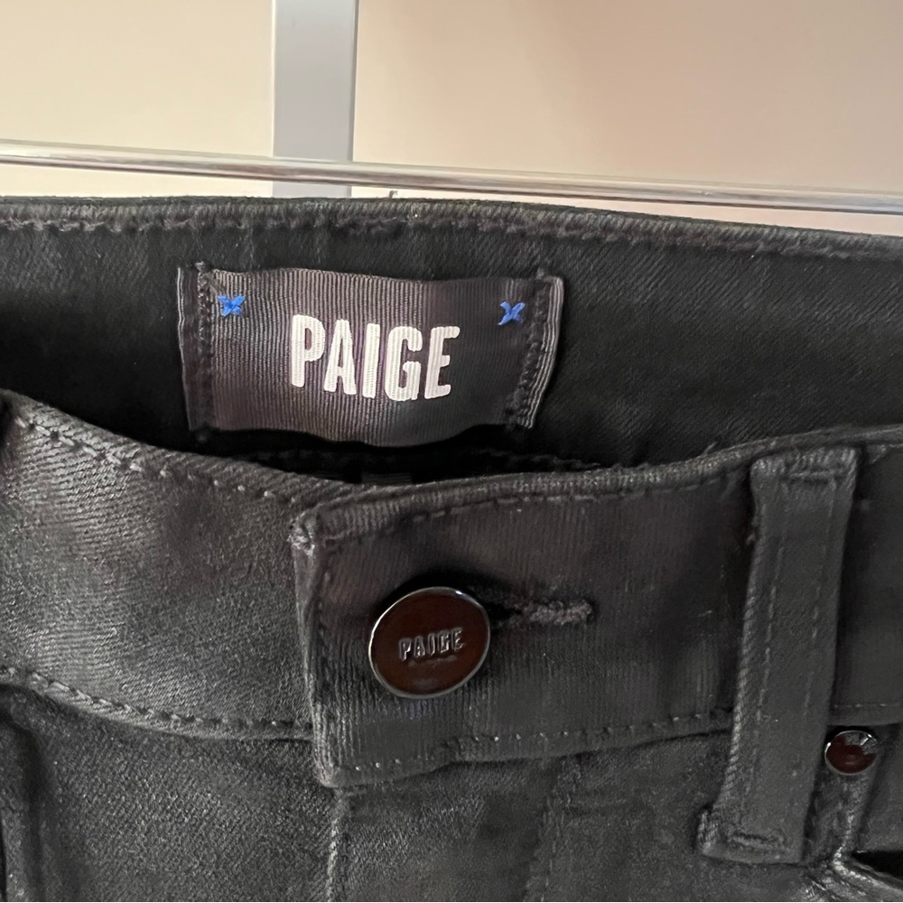 Paige High Rise Manhattan Bootcut Coated Leather Black Jeans S 25 - Picture 8 of 10